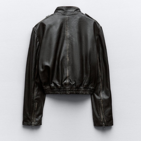 NWT Zara Distressed Effect High Collar Leather Jacket Dark Brown Sz:L - Picture 5 of 16